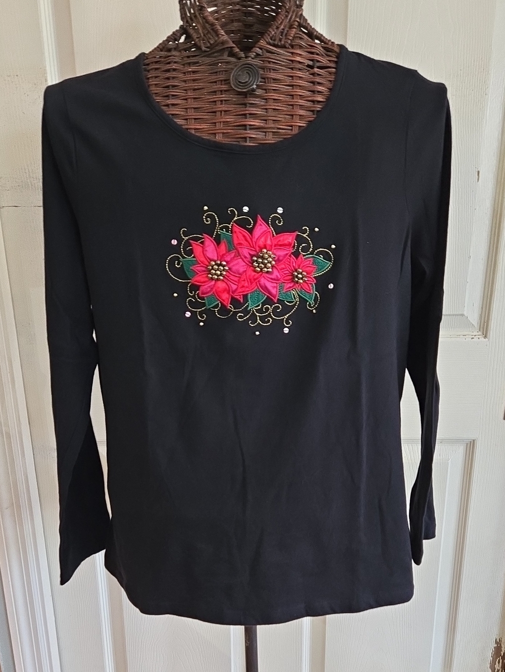 Kim Rogers Black Long Sleeve Tee with Red Holiday Floral